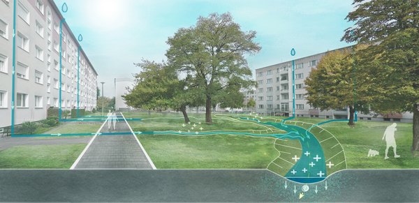 OschatzBlauGrün Grafik von Plattenbauten, einem Weg sowie einem Bach