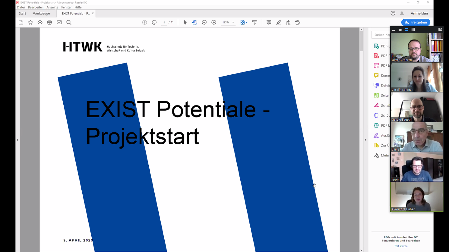 EXIST-Potentiale Projektstart Die Projektbeteiligten tauschen sich per Videokonferenz zu dem EXIST-Potentiale Projektstart aus.