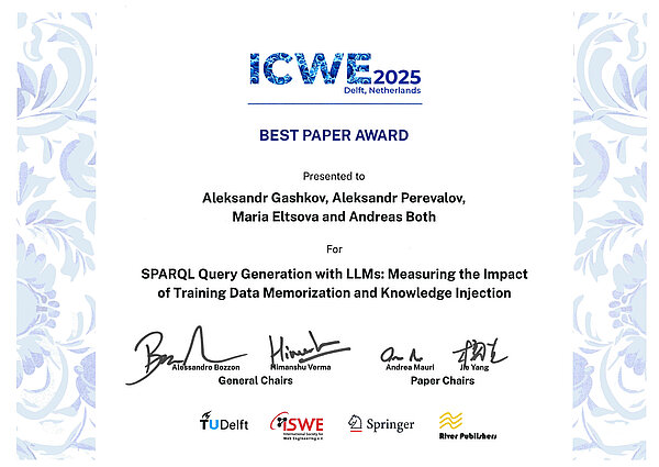 Best Paper Award Das prämierte Paper untersucht die Qualität von Large Language Models bei der Beantwortung von natürlichsprachigen Anfragen an Wissensgraphe