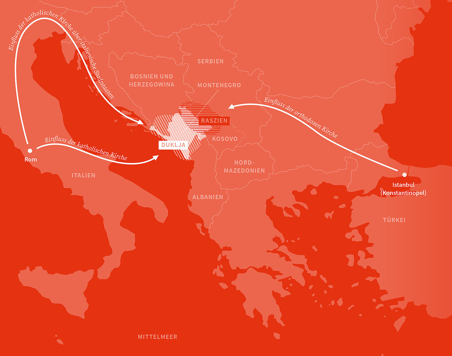 Karte Duklja und Raszien Die Karte zeigt einen rot eingefärbten Ausschnitt Europas zwischen Italien und der Türkei