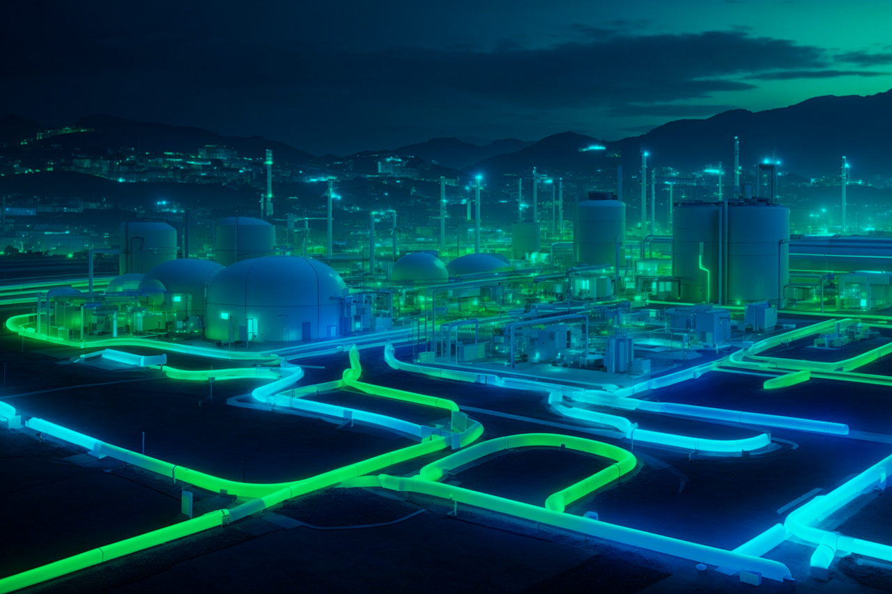 Ki-generiertes Bild, Wasserstoffwerk bei Nacht, leuchtend blaue und grüne Wasserstoffrohre wie eine Netzwerk über dem Boden und Industrietürme/eine Verlinkung des Bildes führt zur Forschungsprojektwebsite