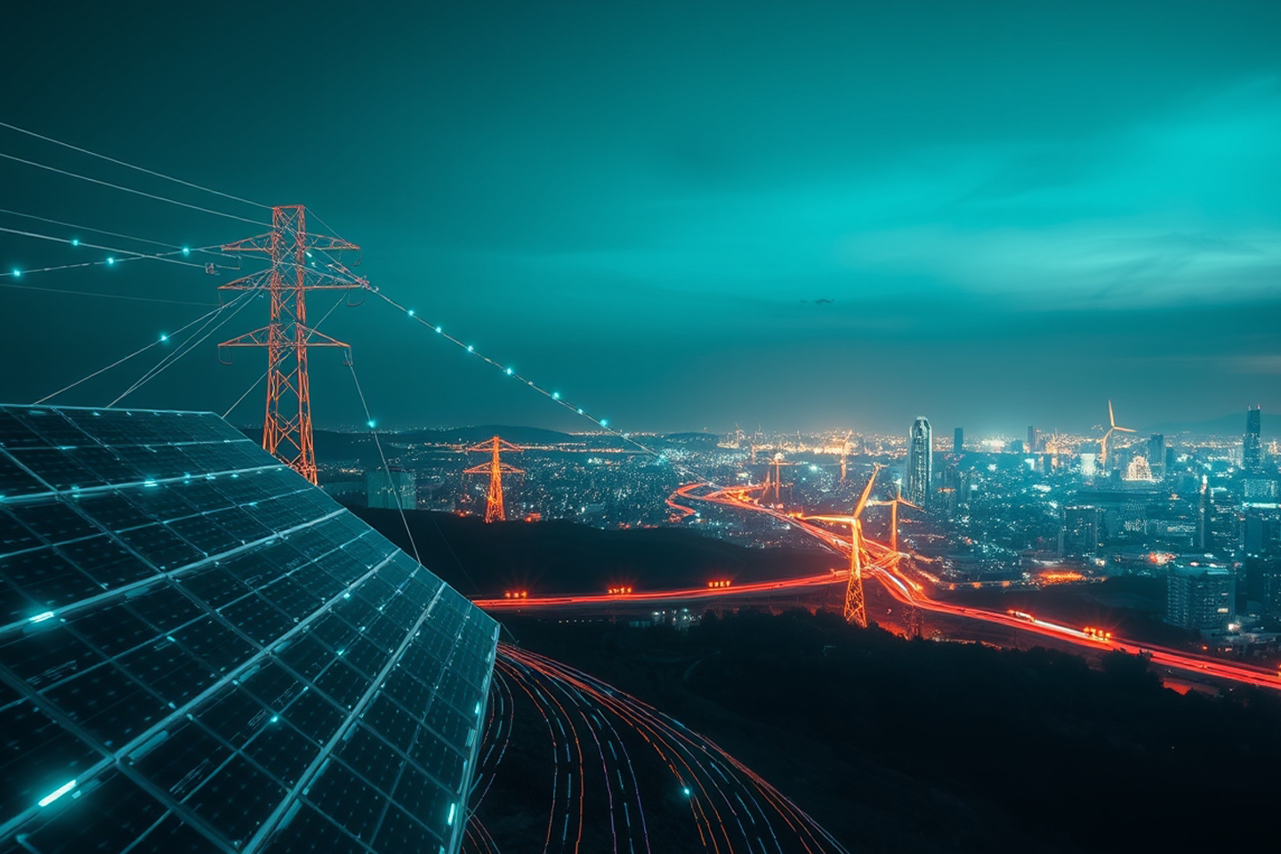 Ki-generiertes Bild, im Vordergrund Photovoltaik Panel, dahinter Hochspannungsleitungen, die Strom in Stadt befördern, im Hintergrund Silhouette der leuchtenden Stadt bei Nacht, fluoreszierende Farben/eine Verlinkung des Bildes führt zur Forschungsprojektwebsite